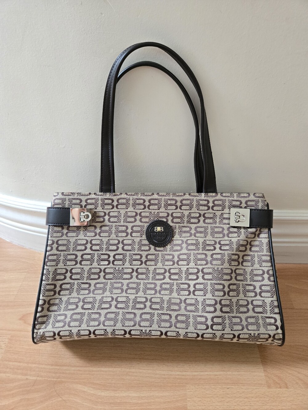 Dotcom Monogram Print Tote Bag in Beige and Black
